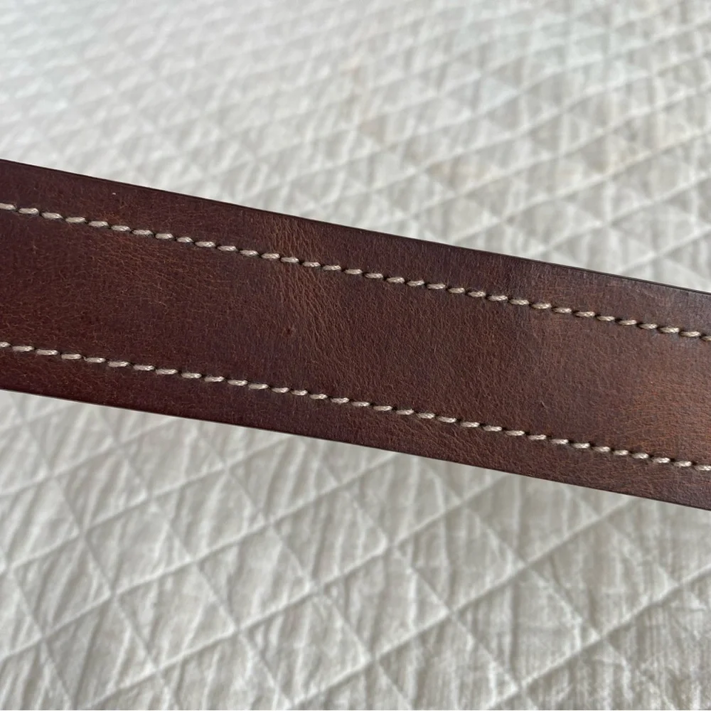 Classic Work Brown Leather Belt White Stitching Silver tone buckle men’s size XL